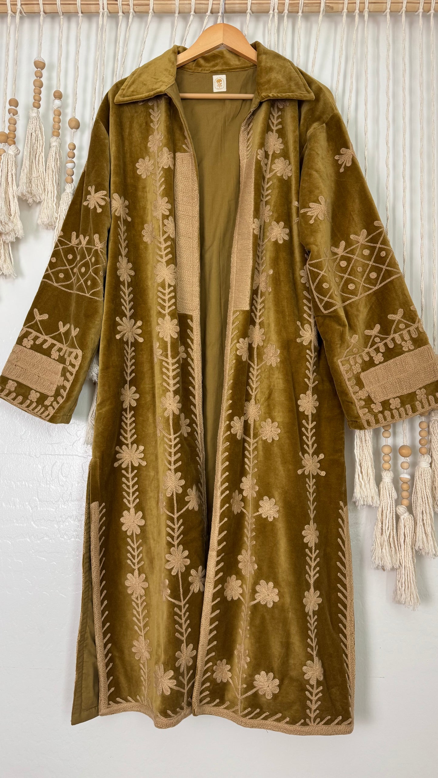 Velvet Vetiver Duster Embroidered Coat (Gold w/ Beige Stitching)