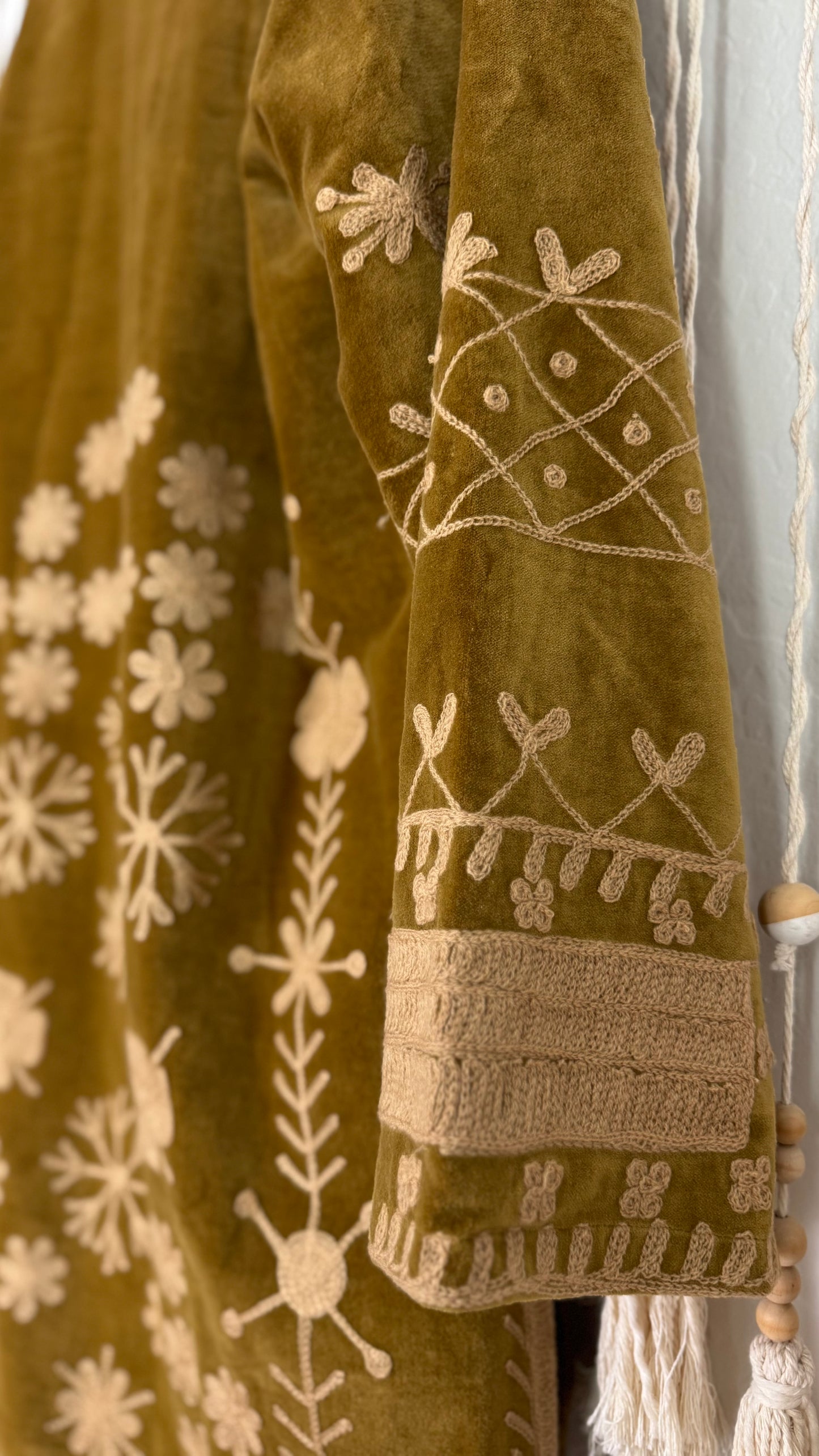 Velvet Vetiver Duster Embroidered Coat (Gold w/ Beige Stitching)