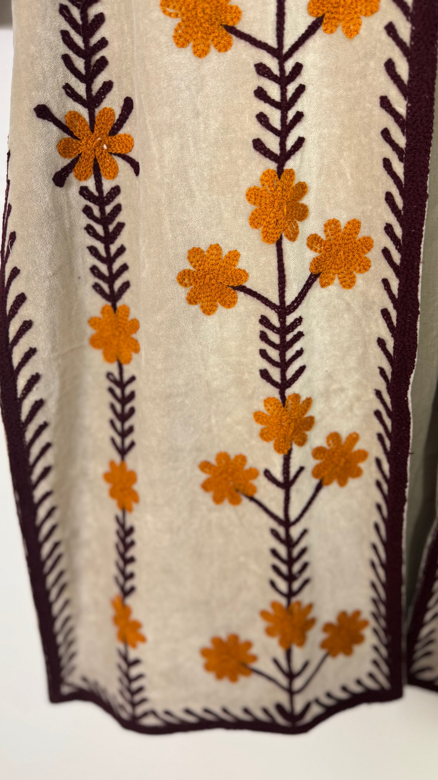 Velvet Vetiver Duster Embroidered Coat (Grey w/ Maroon and Mustard Stitching)