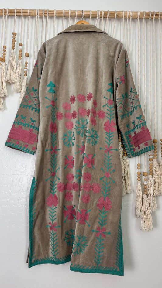 Velvet Vetiver Duster Embroidered Coat (Grey w/ Pink and Turquoise Stitching)