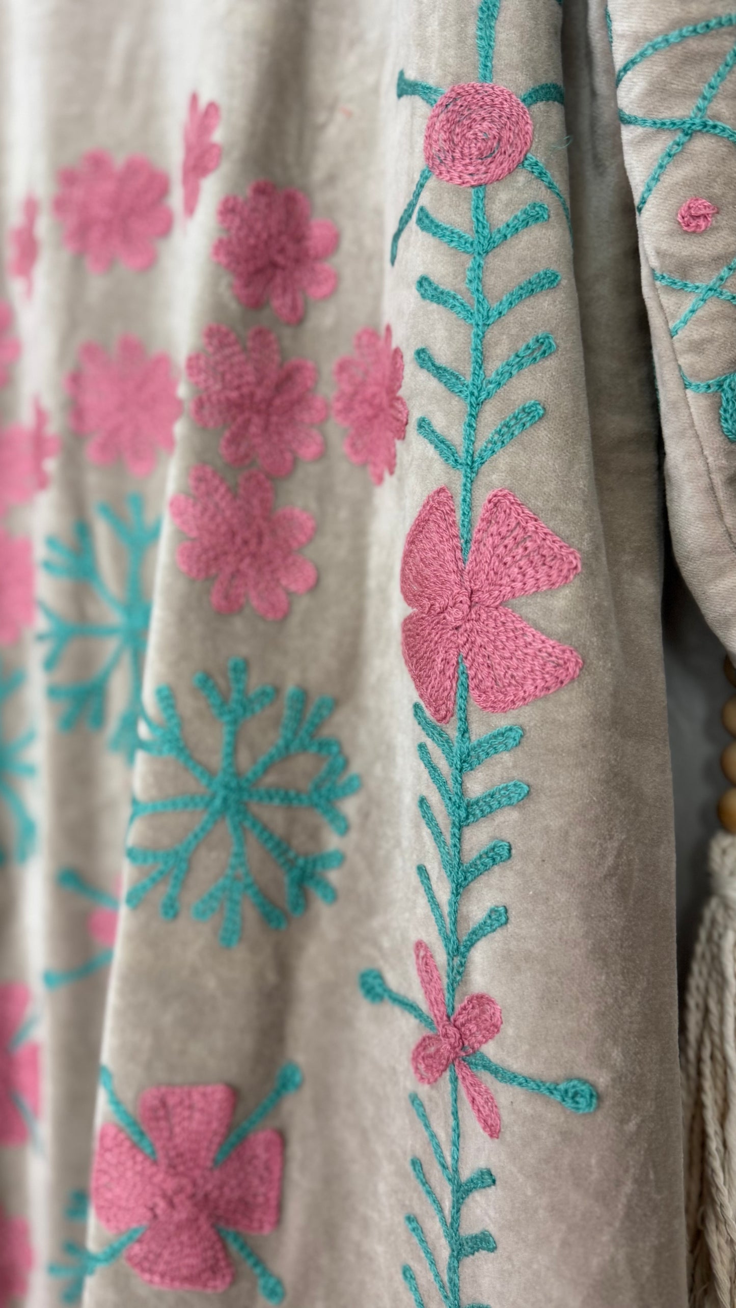 Velvet Vetiver Duster Embroidered Coat (Grey w/ Pink and Turquoise Stitching)