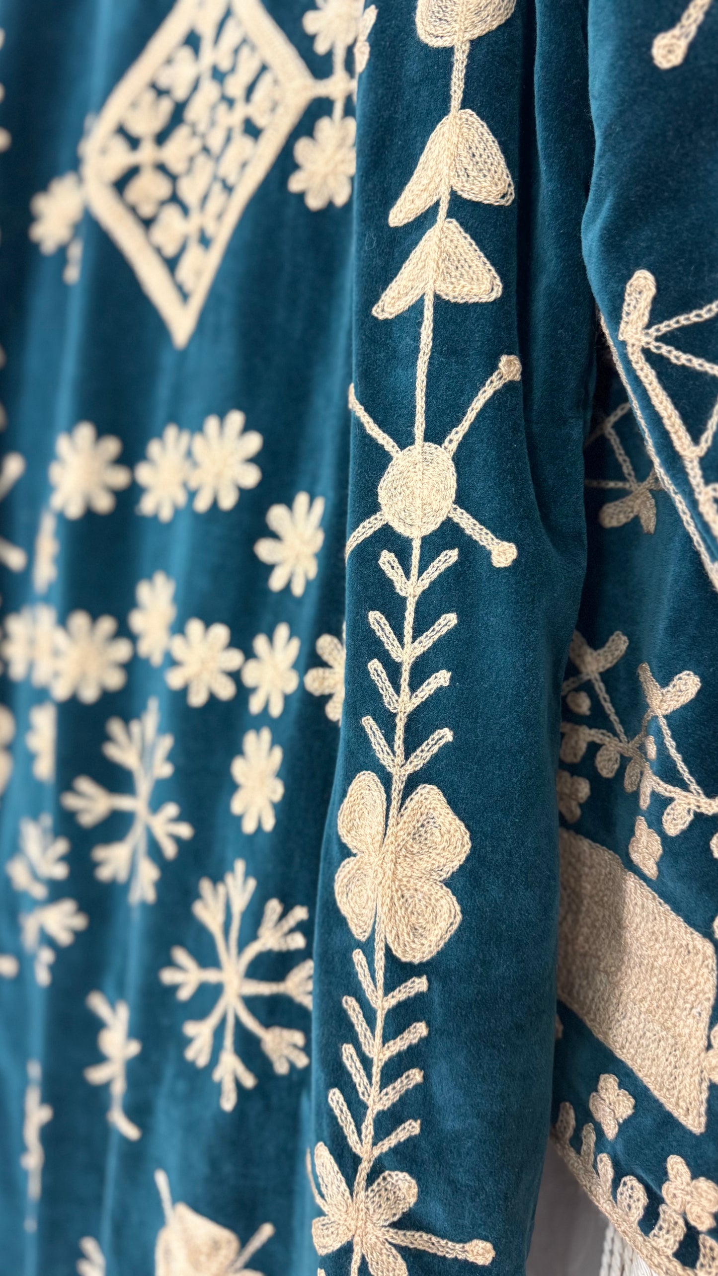 Velvet Vetiver Duster Embroidered Coat (Indigo w/ Beige Stitching)