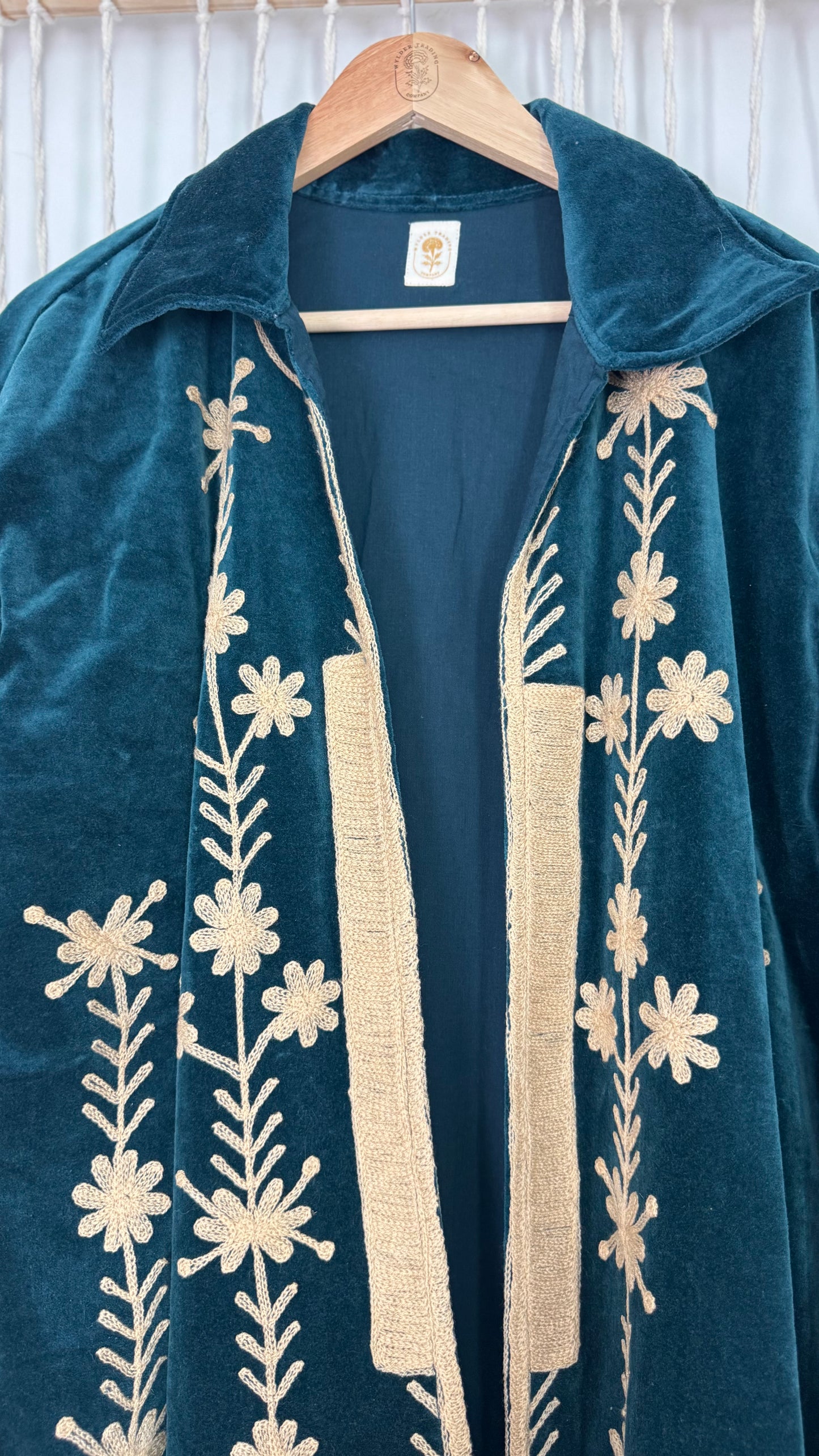 Velvet Vetiver Duster Embroidered Coat (Indigo w/ Beige Stitching)