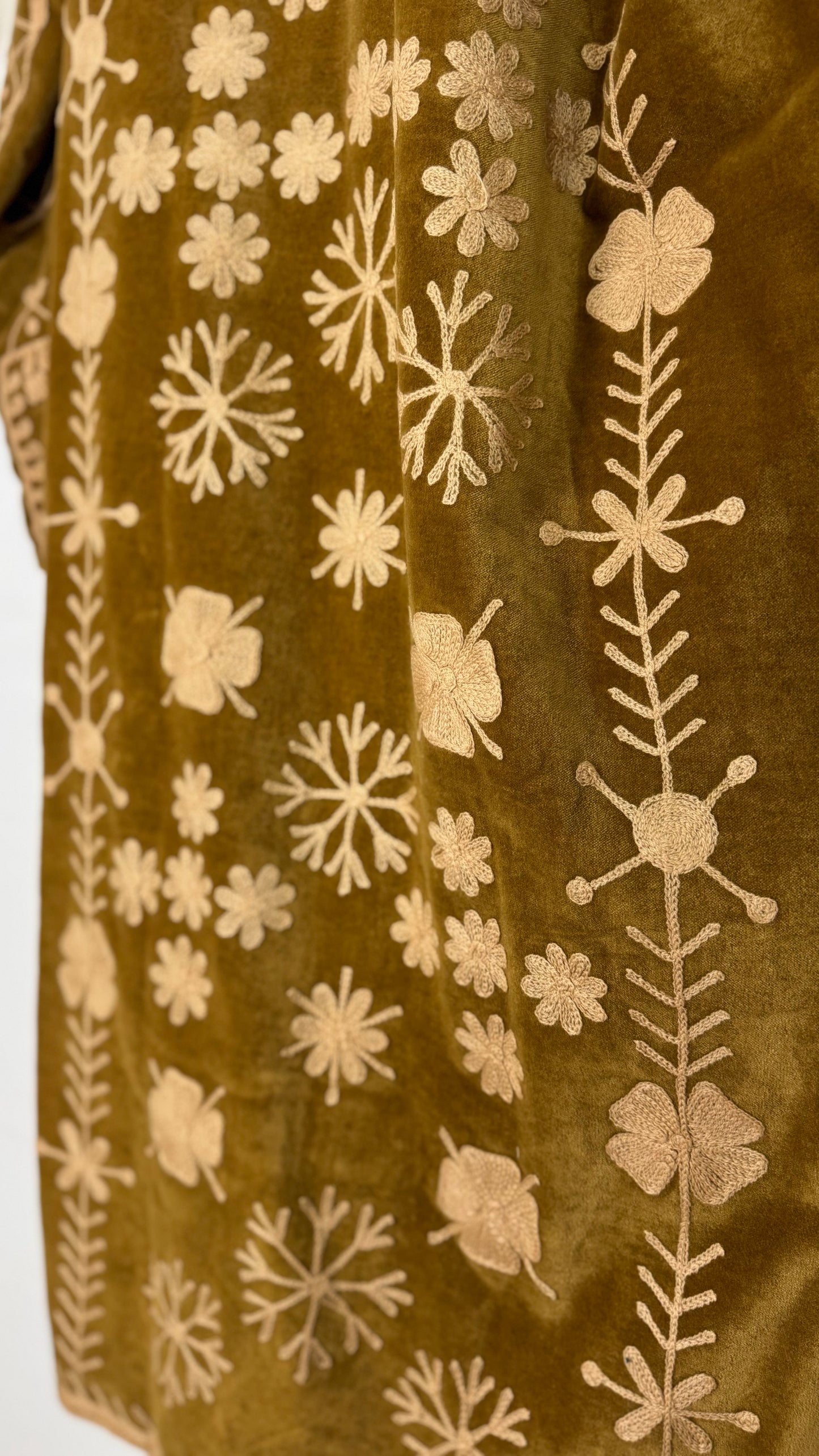 Velvet Vetiver Duster Embroidered Coat (Gold w/ Beige Stitching)