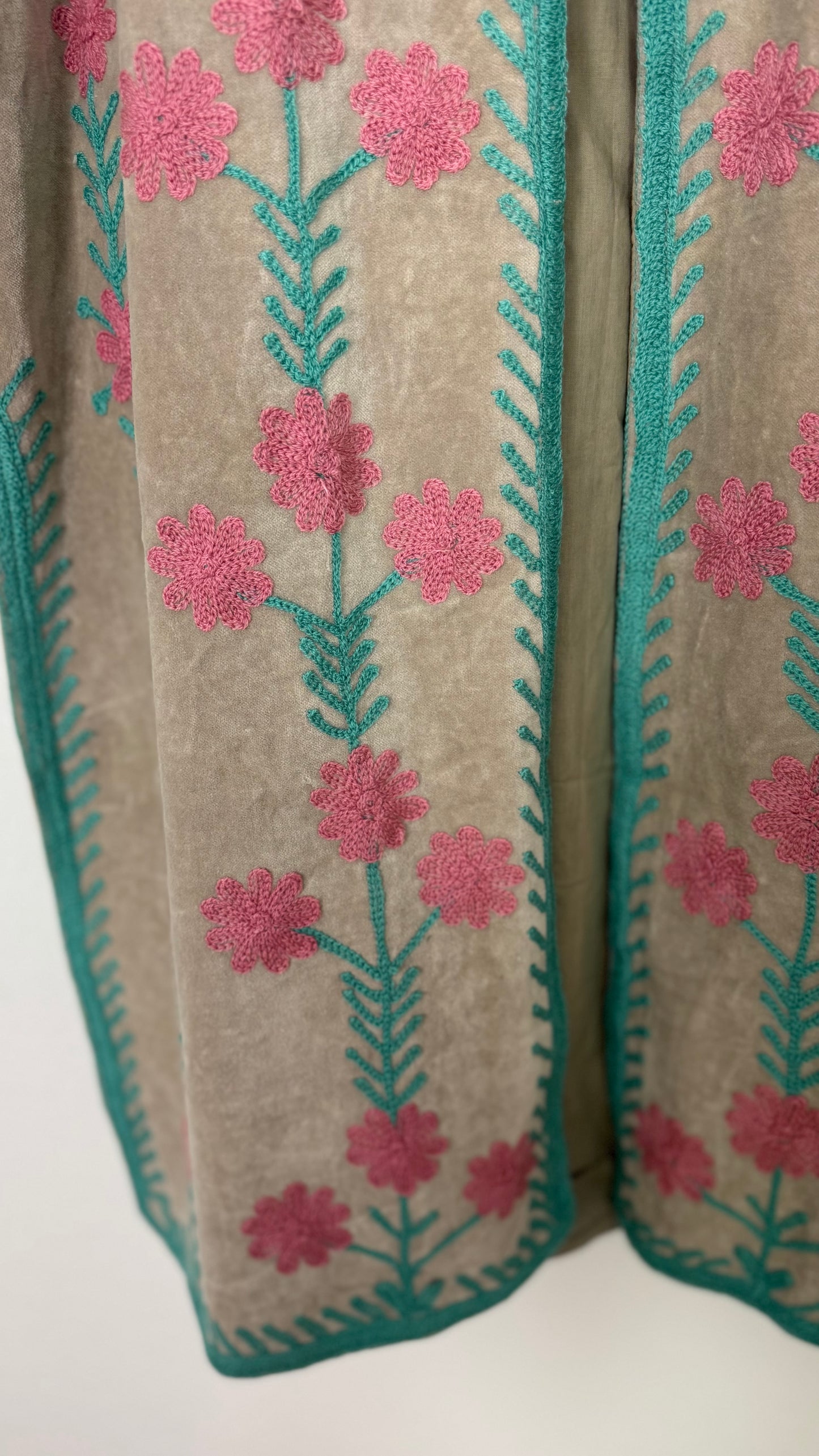 Velvet Vetiver Duster Embroidered Coat (Grey w/ Pink and Turquoise Stitching)