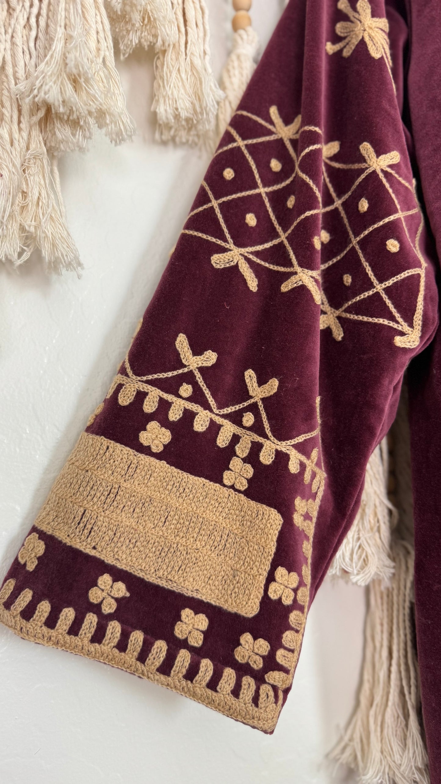 Velvet Vetiver Duster Embroidered Coat (Plum w/ Beige Stitching)